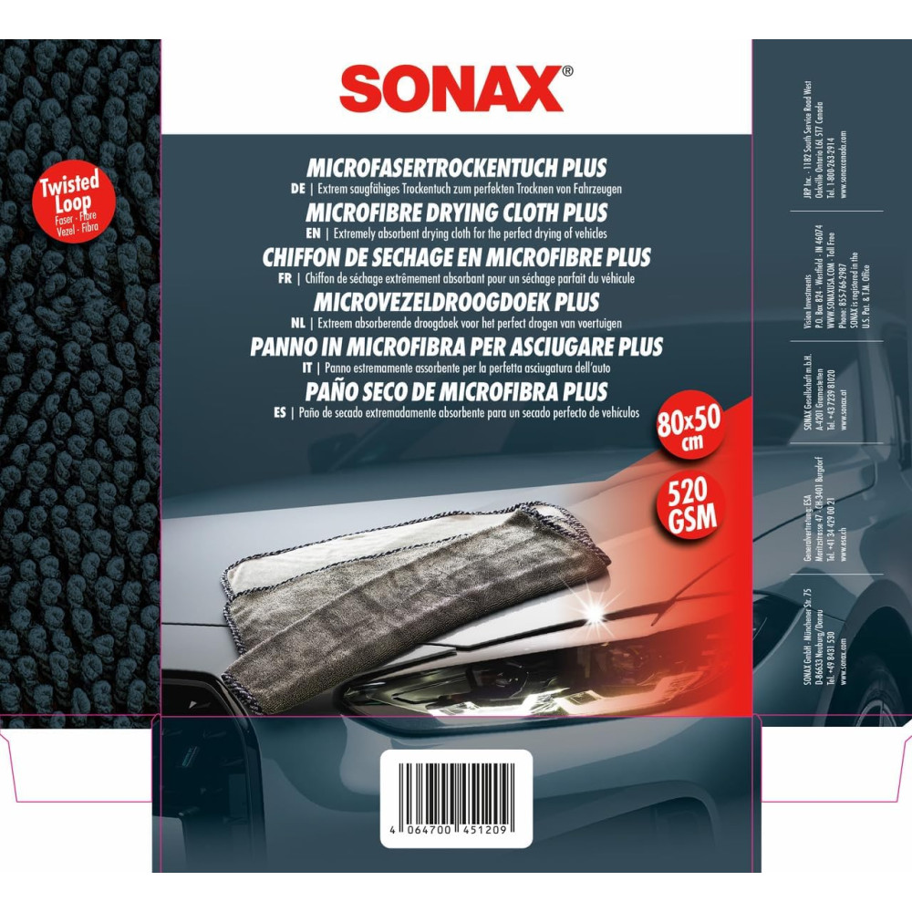 Салфетка из микрофибры для наружного применения 80х50 см SONAX Microfaser Trocken Tuch PLUS (451200)