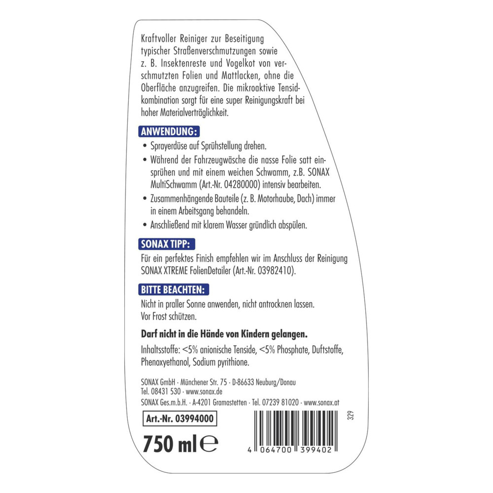 Очисник полімерних плівок та матових фарб 750 мл SONAX XTREME Folien Reiniger (399400)