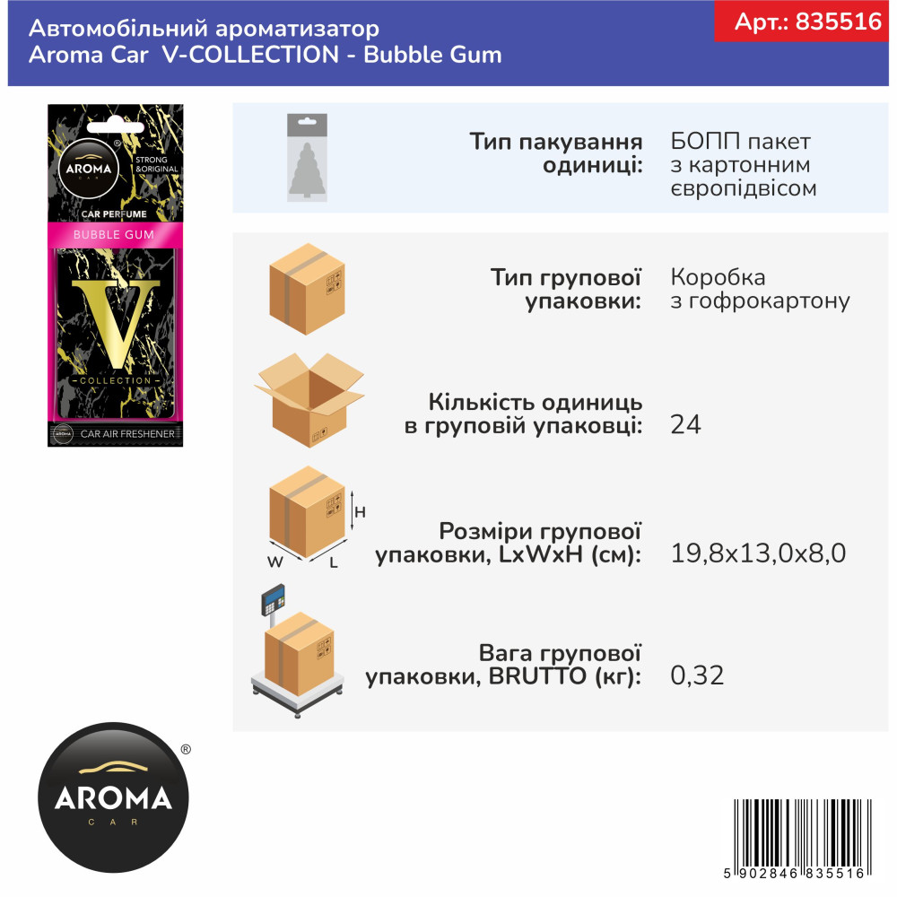 Автомобільний ароматизатор Aroma Car V-COLLECTION - Bubble Gum (835516)