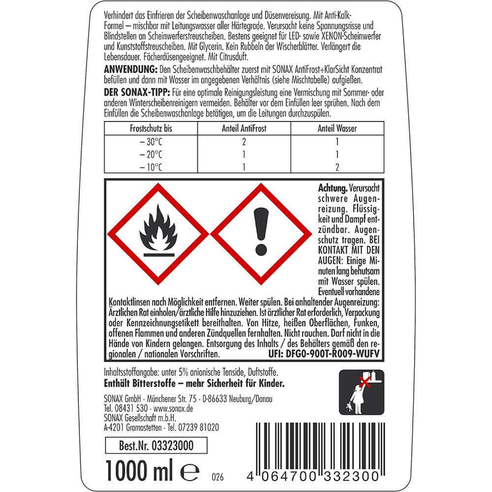 Концентрат омивача скла зимовий -70 ° С 1 л SONAX Antifrost + Klarsicht Konzentrat (332300)