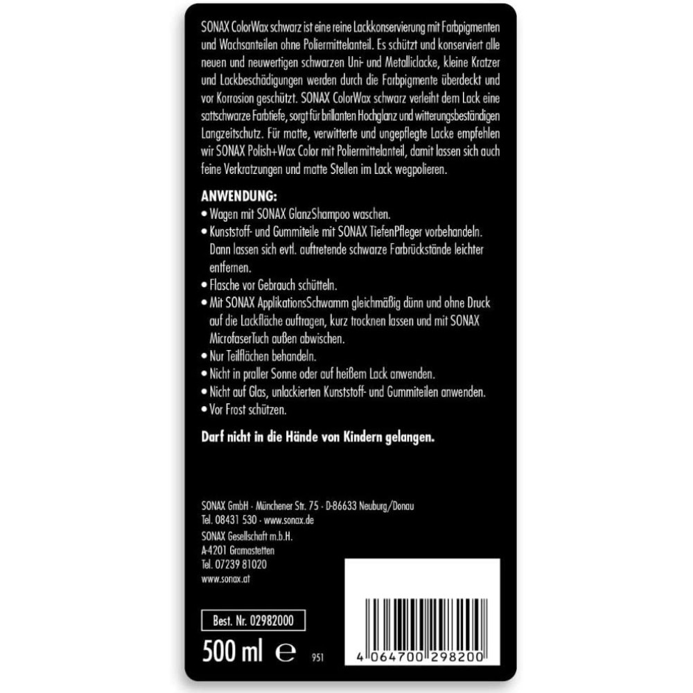 Кольоровий рідкий віск чорний 500 мл SONAX ColorWax Schwarz (298200)