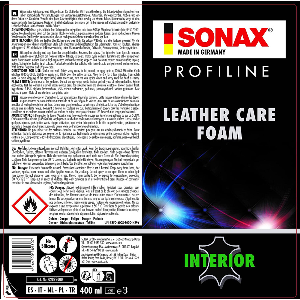 Піна по догляду за шкірою 400 мл SONAX PROFILINE Leather Care Foam (289300)