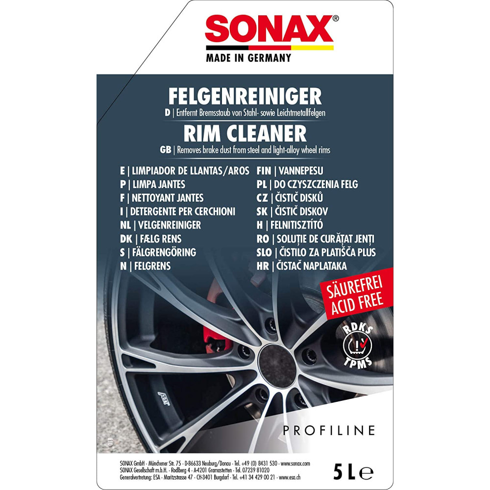 Безкислотний очищувач легкосплавних і сталевих дисків 5 л SONAX PROFILINE Felgenreiniger säurefrei (230500)