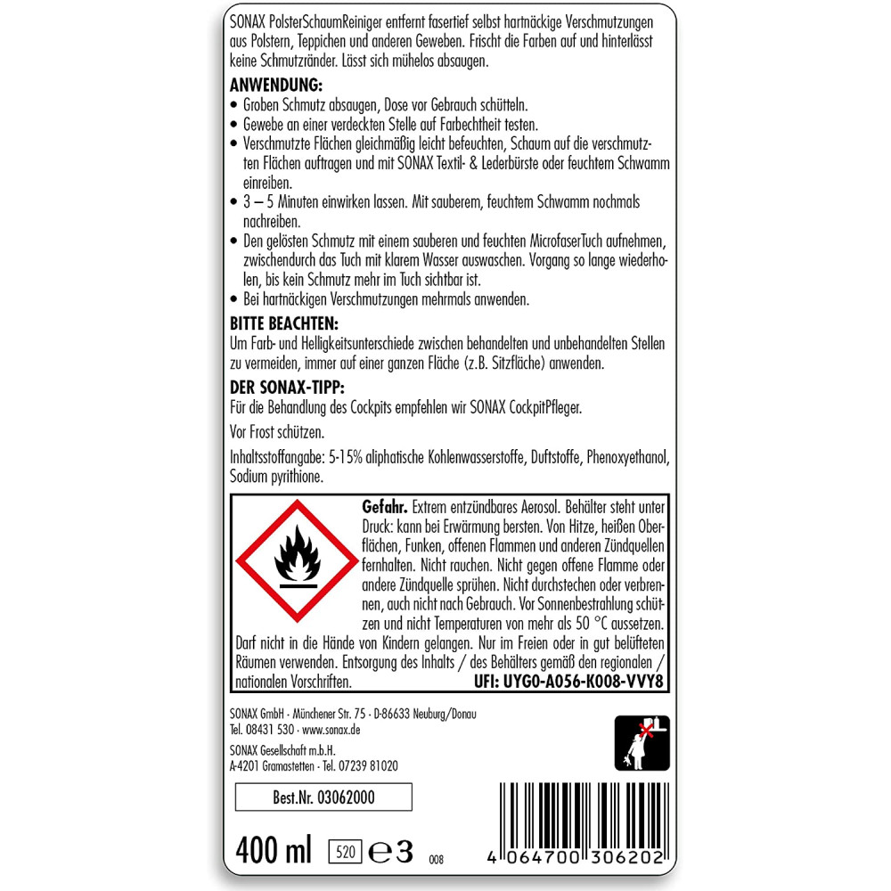 Пінний очищувач плям текстильного салону 400 мл SONAX Foam Upholstery Cleaner (306200)