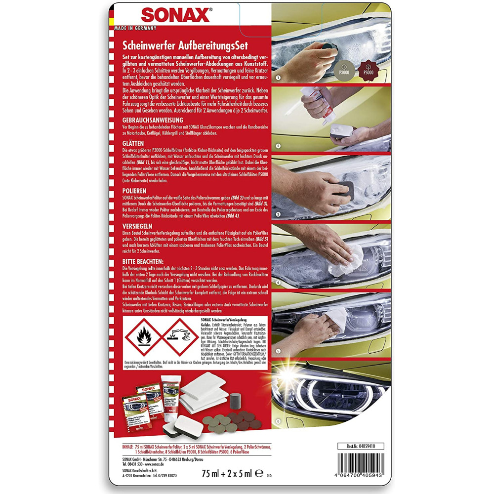 Набір для полірування пластикових фар 75 мл SONAX Headlight Restoration Kit (405941)
