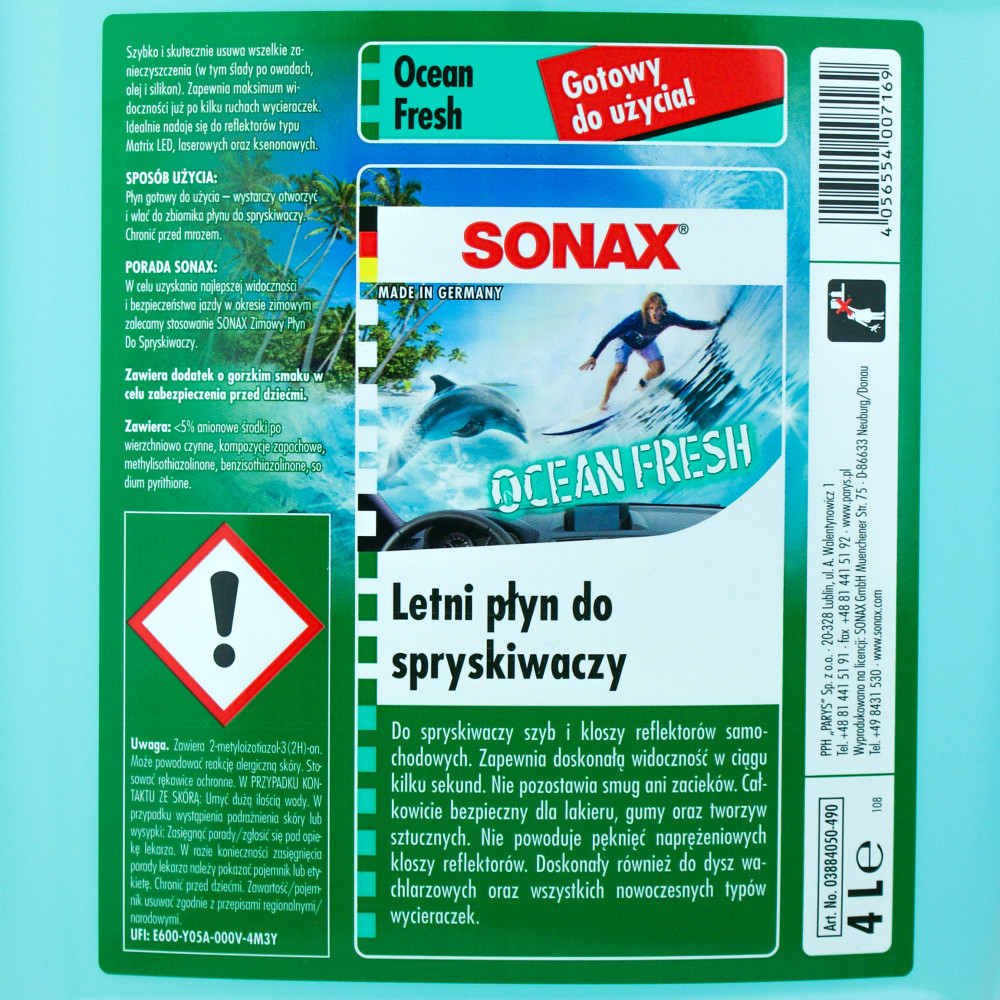 Омивач скла літній 4 л SONAX - Свіжість океану (388405)