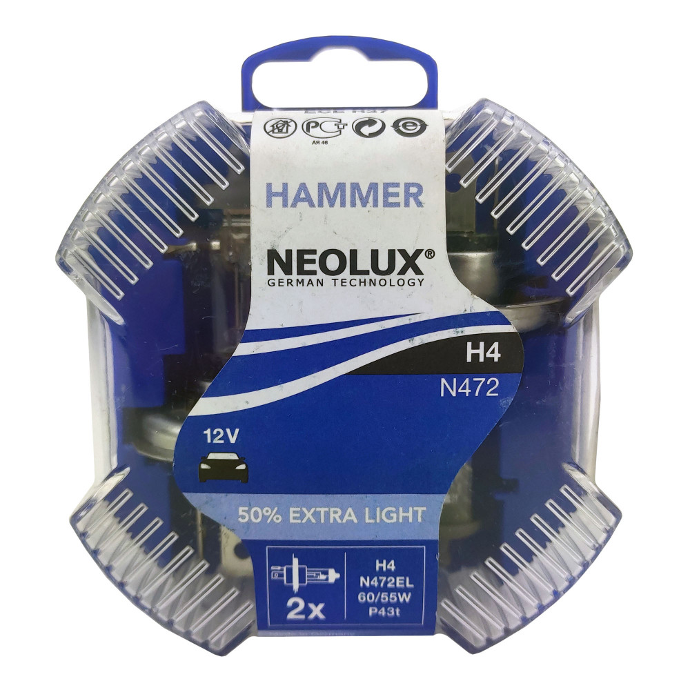 Лампа автомобільна галогенна  NEOLUX HAMMER H4 Extra Light +50% N472EL 2 шт (756800)