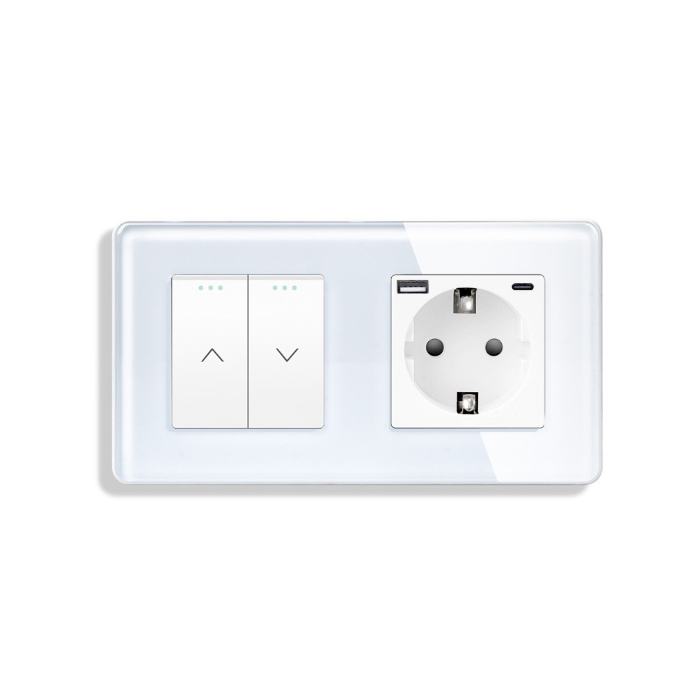 Подвійний вимикач без фіксації ELIOS з розеткою та USB A+C 20Вт, білий, скло, заземлення і захисними шторками