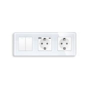 Вимикач універсальний 2-клавішний з розеткою та розеткою з USB A+C 20Вт, заземлення, ELIOS білий скло