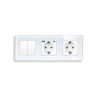 Вимикач універсальний 2-клавішний з розеткою та розеткою з USB A+C 20Вт, заземлення, ELIOS білий скло