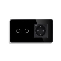 Сенсорний подвійний прохідний вимикач ELIOS з розеткою та USB A+C 20Вт, чорний, скло, дотиковий, заземлення,