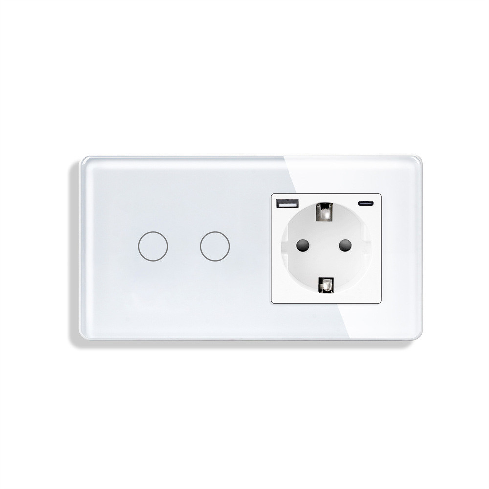 Сенсорний подвійний прохідний вимикач ELIOS з розеткою та USB A+C 20Вт, білий, скло, дотиковий, заземлення,