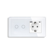 Сенсорний подвійний прохідний вимикач ELIOS з розеткою та USB A+C 20Вт, білий, скло, дотиковий, заземлення,