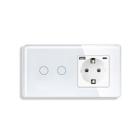 Сенсорний подвійний прохідний вимикач ELIOS з розеткою та USB A+C 20Вт, білий, скло, дотиковий, заземлення,