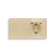 Сенсорний прохідний вимикач ELIOS з розеткою та USB A+C 20Вт, золотий, скло, із заземленням і шторками,