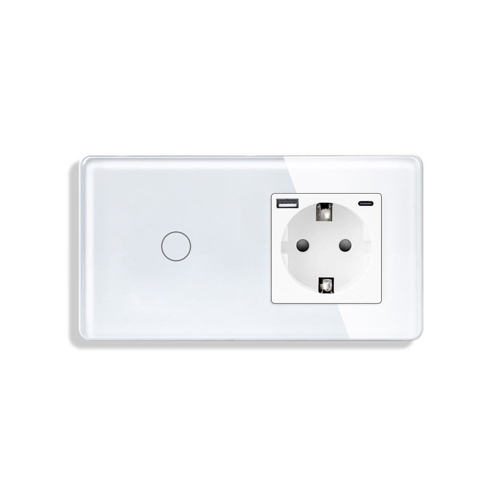 Сенсорний прохідний вимикач ELIOS з розеткою та USB A+C 20Вт, білий, скло, із заземленням і шторками, 16А 230В