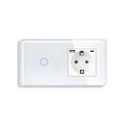 Сенсорний прохідний вимикач ELIOS з розеткою та USB A+C 20Вт, білий, скло, із заземленням і шторками, 16А 230В