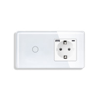 Сенсорний прохідний вимикач ELIOS з розеткою та USB A+C 20Вт, білий, скло, із заземленням і шторками, 16А 230В