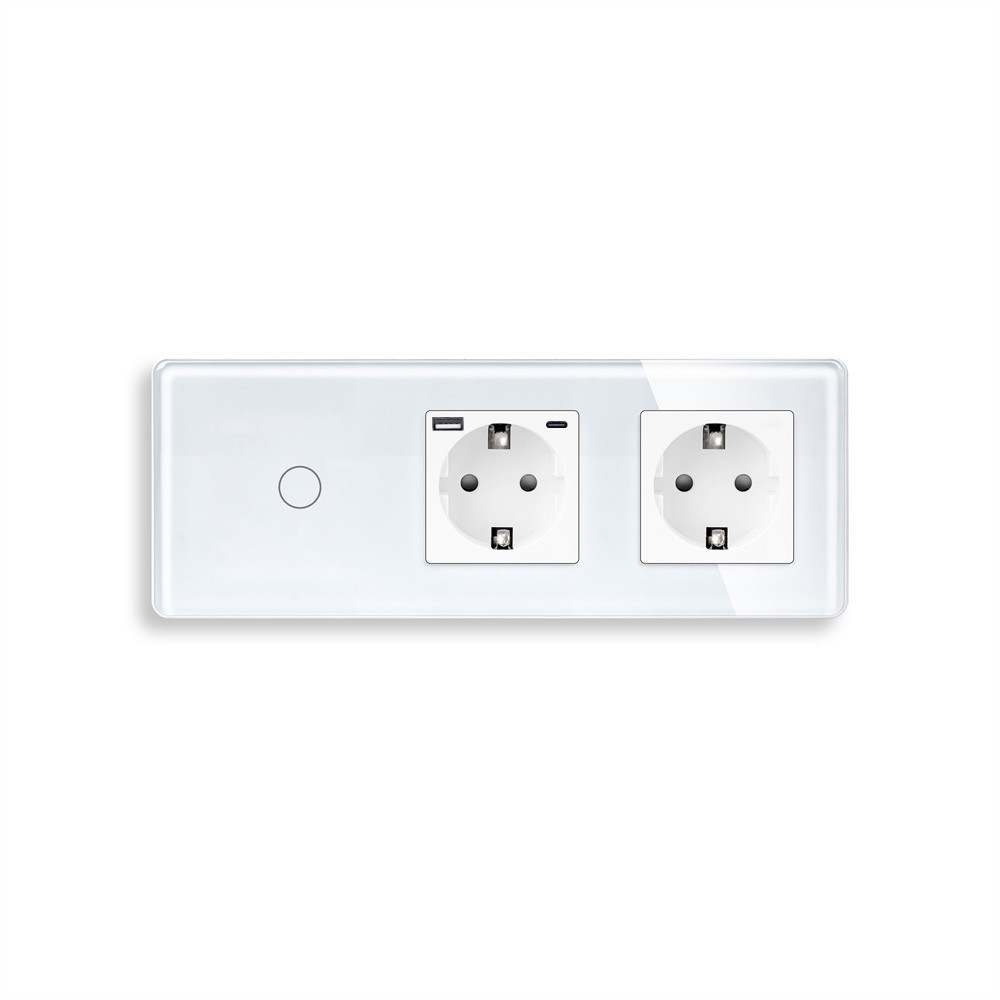 Сенсорний вимикач з розеткою та розеткою USB A+C 20Вт, із заземленням і шторками ELIOS 16А 230В білий скло