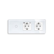 Сенсорний вимикач з розеткою та розеткою USB A+C 20Вт, із заземленням і шторками ELIOS 16А 230В білий скло
