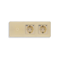 Сенсорний вимикач з двома розетками та USB A+C 20Вт, із заземленням і шторками ELIOS 16А 230В золото скло