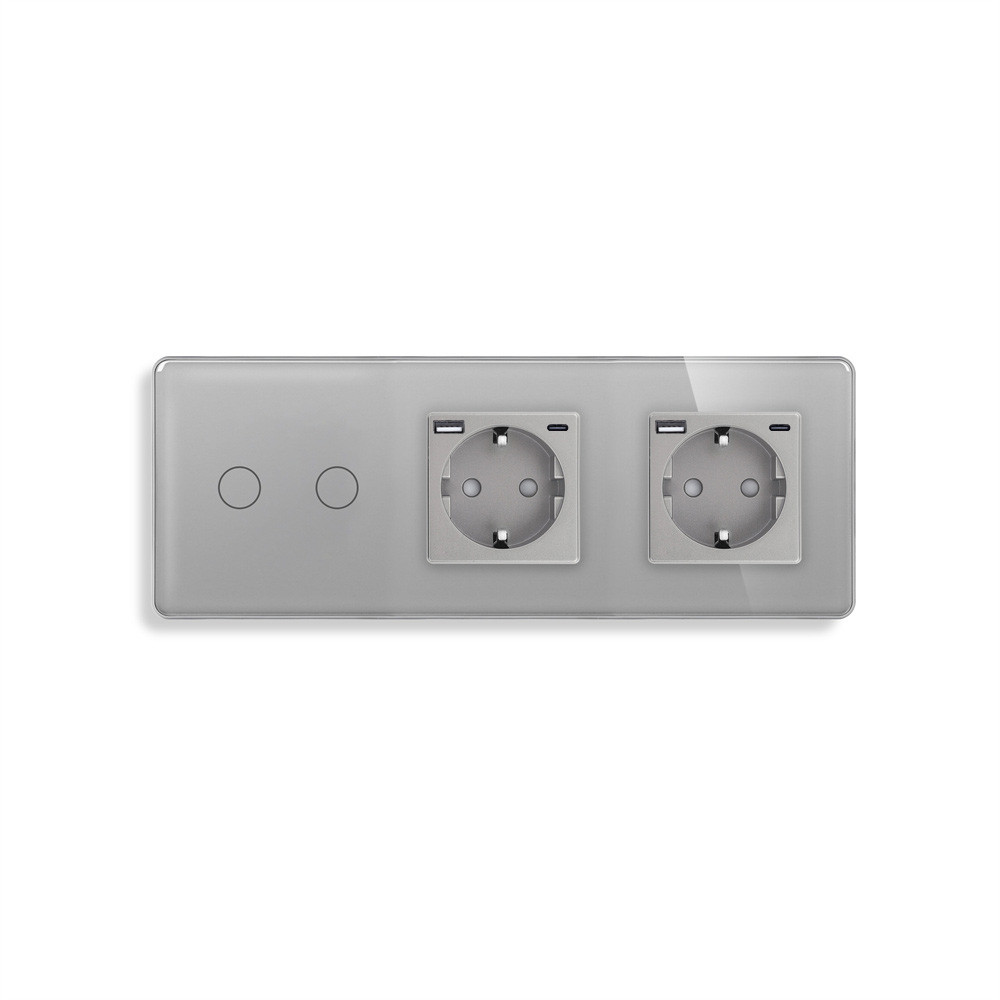 Подвійний сенсорний вимикач з двома розетками та USB A+C 20Вт, із заземленням і шторками ELIOS сірий скло