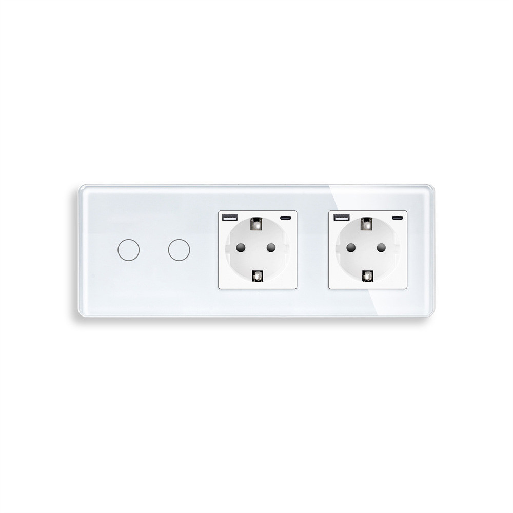 Подвійний сенсорний вимикач з двома розетками та USB A+C 20Вт, із заземленням і шторками ELIOS білий скло