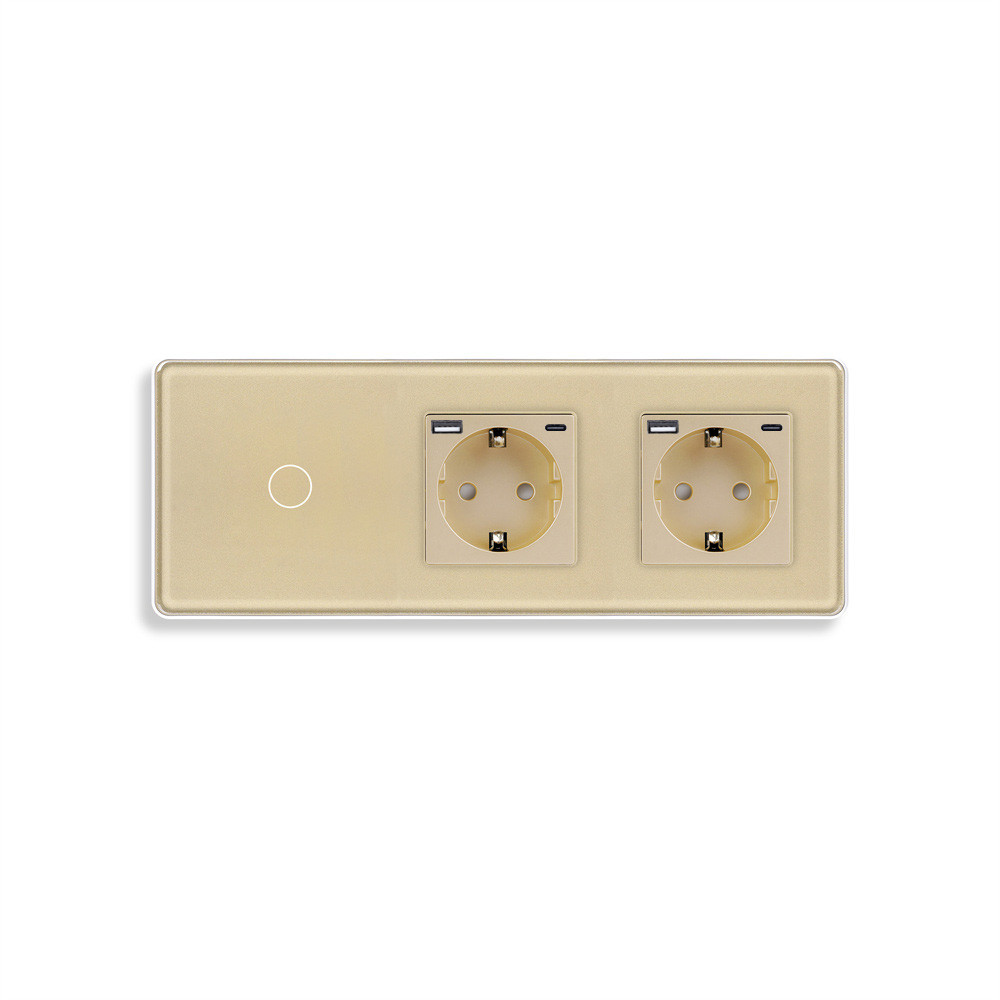 Прохідний сенсорний вимикач із двома розетками та USB A+C 20Вт, із заземленням і шторками ELIOS золото скло