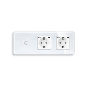 Прохідний сенсорний вимикач із двома розетками та USB A+C 20Вт, із заземленням і шторками ELIOS білий скло