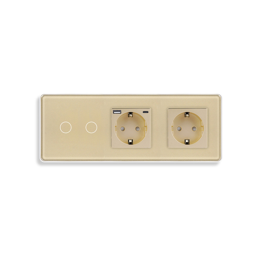 Подвійний сенсорний вимикач з розеткою та розеткою USB A+C 20Вт, із заземленням і шторками ELIOS золото скло