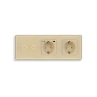 Подвійний сенсорний вимикач з розеткою та розеткою USB A+C 20Вт, із заземленням і шторками ELIOS золото скло