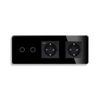 Подвійний сенсорний вимикач з розеткою та розеткою USB A+C 20Вт, із заземленням і шторками ELIOS чорний скло