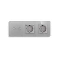 Подвійний сенсорний вимикач з розеткою та розеткою USB A+C 20Вт, із заземленням і шторками ELIOS сірий скло