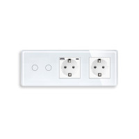 Подвійний сенсорний вимикач з розеткою та розеткою USB A+C 20Вт, із заземленням і шторками ELIOS білий скло