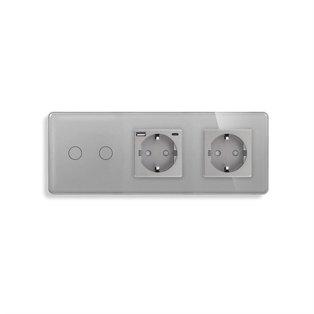 Прохідний подвійний сенсорний вимикач із розеткою та розеткою USB A+C 20Вт, із заземленням ELIOS сірий скло