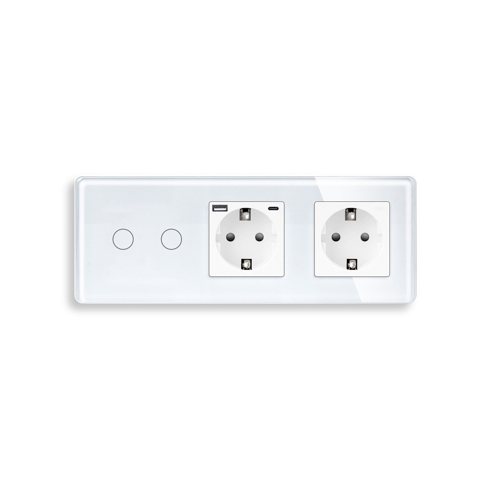 Прохідний подвійний сенсорний вимикач із розеткою та розеткою USB A+C 20Вт, із заземленням ELIOS білий скло