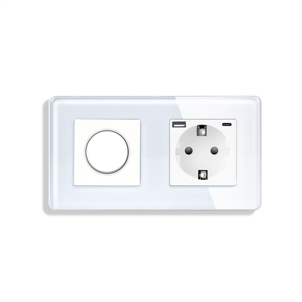 Роторний димер з розеткою USB A+C 20Вт ELIOS 16А 230В, із заземленням, шторки, білий, скло