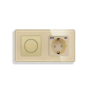 Роторний димер з розеткою USB A+C 20Вт ELIOS 16А 230В, із заземленням, шторки, золото, скло