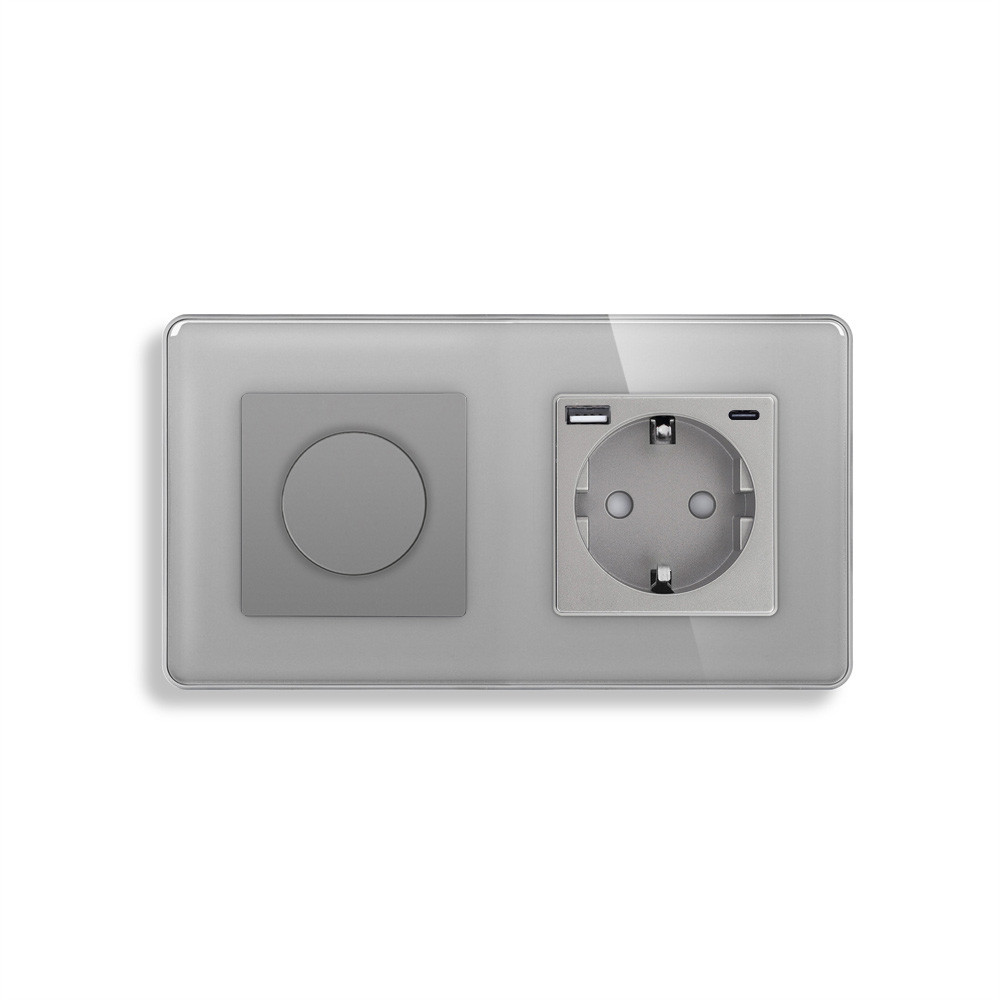 Роторний димер з розеткою USB A+C 20Вт ELIOS 16А 230В, із заземленням, шторки, сірий, скло