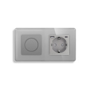 Роторний димер з розеткою USB A+C 20Вт ELIOS 16А 230В, із заземленням, шторки, сірий, скло