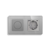 Роторний димер з розеткою USB A+C 20Вт ELIOS 16А 230В, із заземленням, шторки, сірий, скло