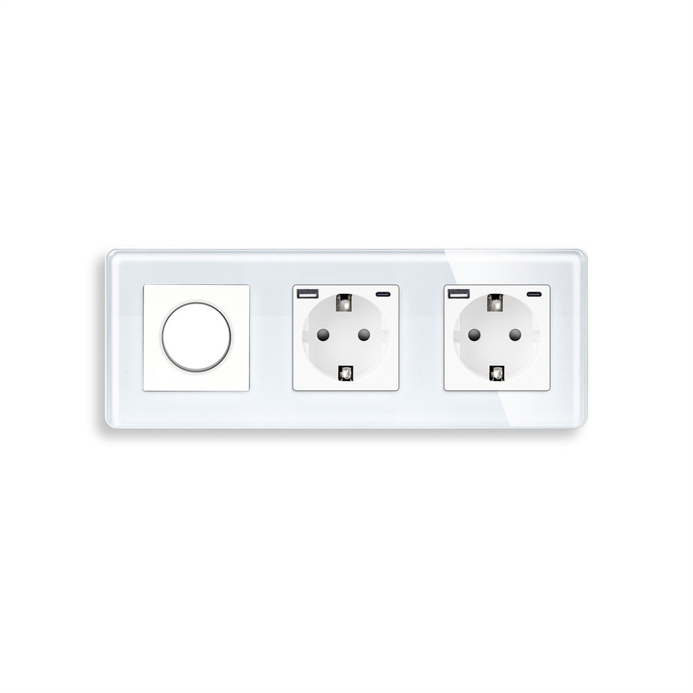 Роторний димер ELIOS з двома розетками з USB A+C 20Вт, білий, скло, 16A 230V, із заземленням, шторки