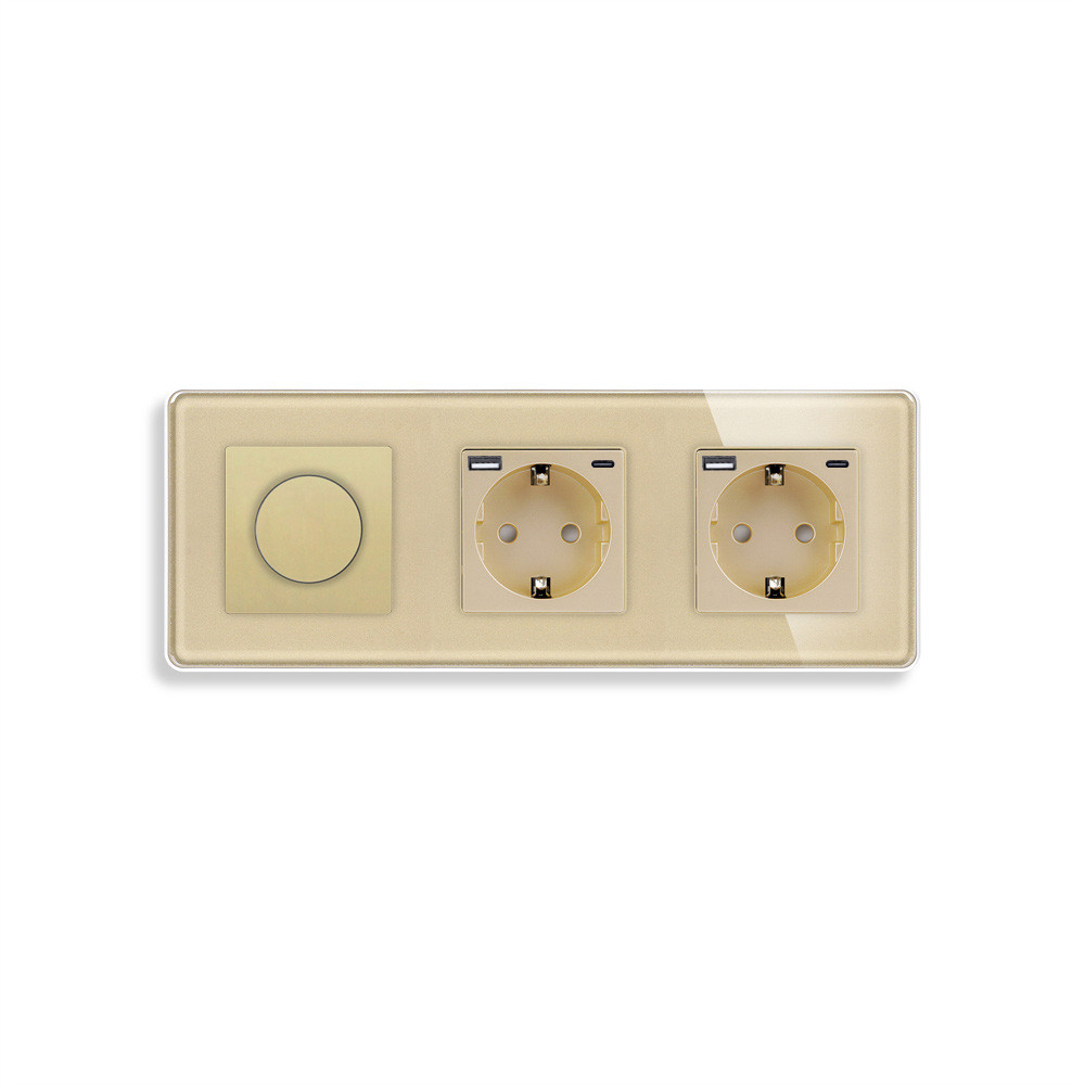 Роторний димер ELIOS з двома розетками з USB A+C 20Вт, золотий, скло, 16A 230V, із заземленням, шторки