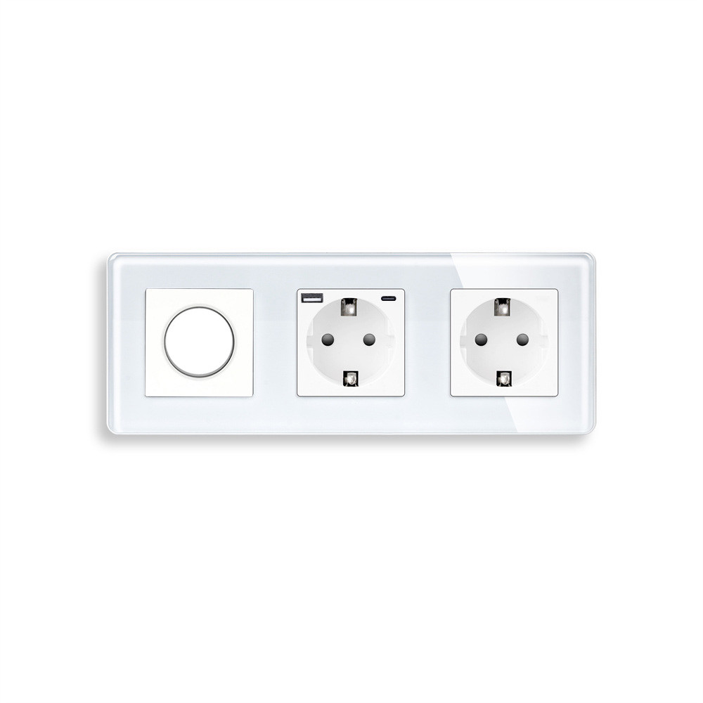 Роторний димер ELIOS з розеткою та розеткою з USB A+C 20Вт, білий, скло, 16A 230V, із заземленням, шторки