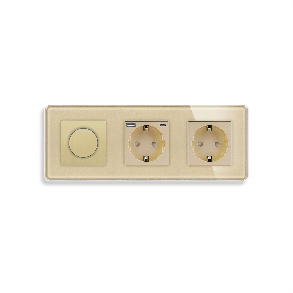 Роторний димер ELIOS з розеткою та розеткою з USB A+C 20Вт, золотий, скло, 16A 230V, із заземленням, шторки