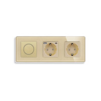 Роторний димер ELIOS з розеткою та розеткою з USB A+C 20Вт, золотий, скло, 16A 230V, із заземленням, шторки