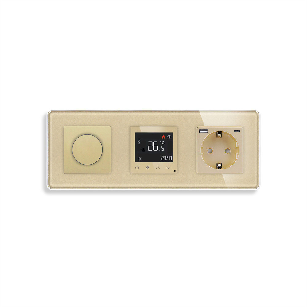 Роторний димер ELIOS з терморегулятором і розеткою з USB A+C 20Вт, золотий, скло, 16A 230V, заземлення, шторки