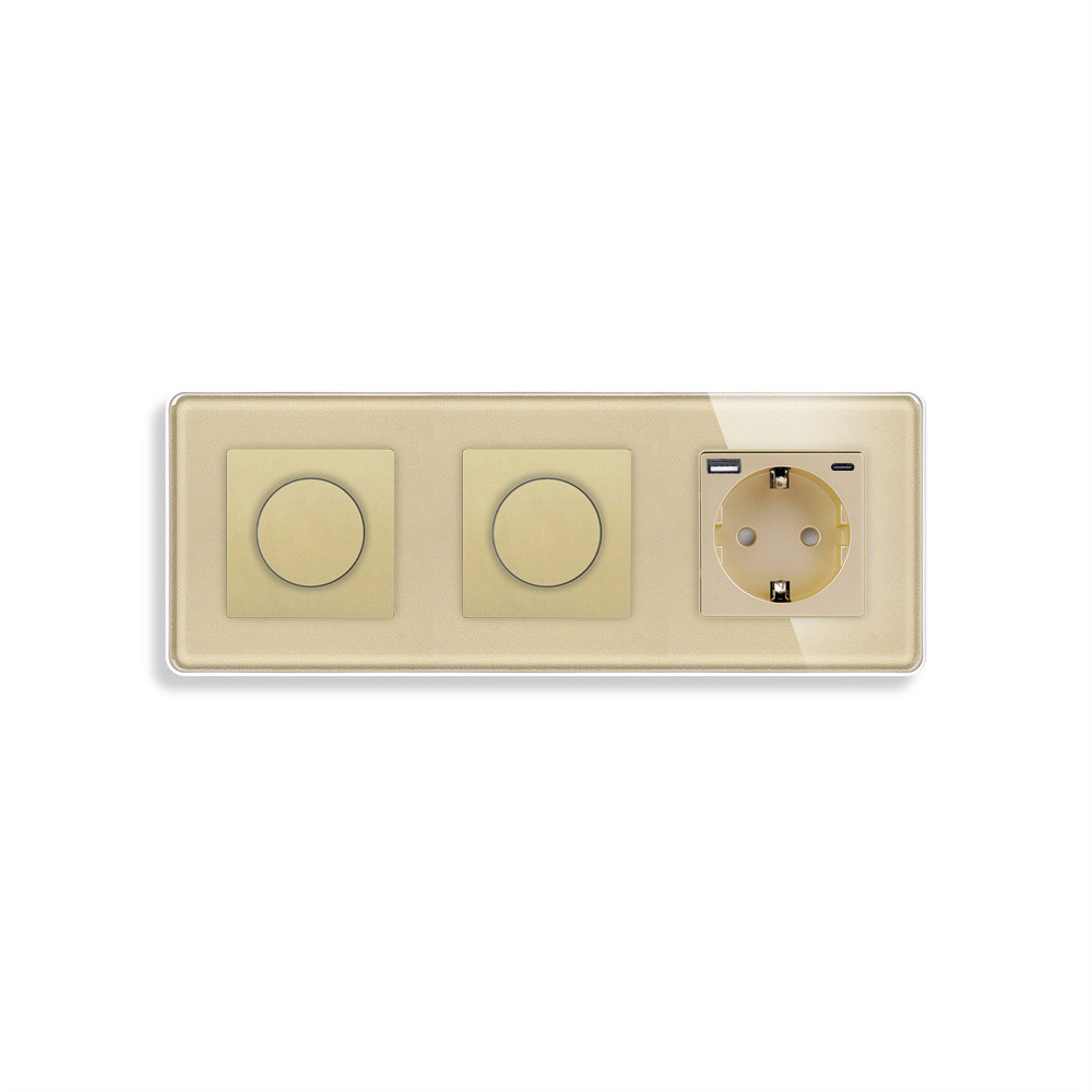 Роторний димер ELIOS 2 клавіші (1-1) з розеткою з USB A+C 20Вт, 16A 230V, заземлення, золото скло