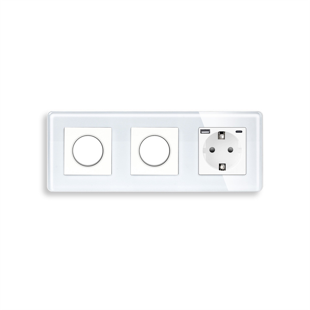 Роторний димер ELIOS 2 клавіші (1-1) з розеткою з USB A+C 20Вт, 16A 230V, заземлення, білий скло