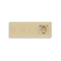 Прохідний сенсорний вимикач 3 сенсори (1-2) з розеткою з USB A+C 20Вт, заземлення, шторки, ELIOS золото скло